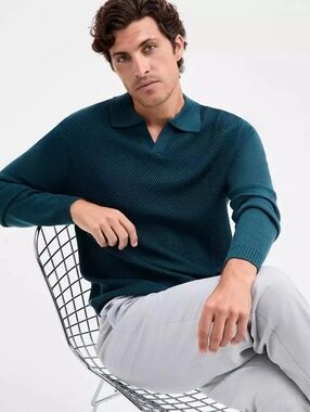 Alfani Long Sleeve Textured Elevated Dark Spruce Merino Polo Sweater Size L  NWT